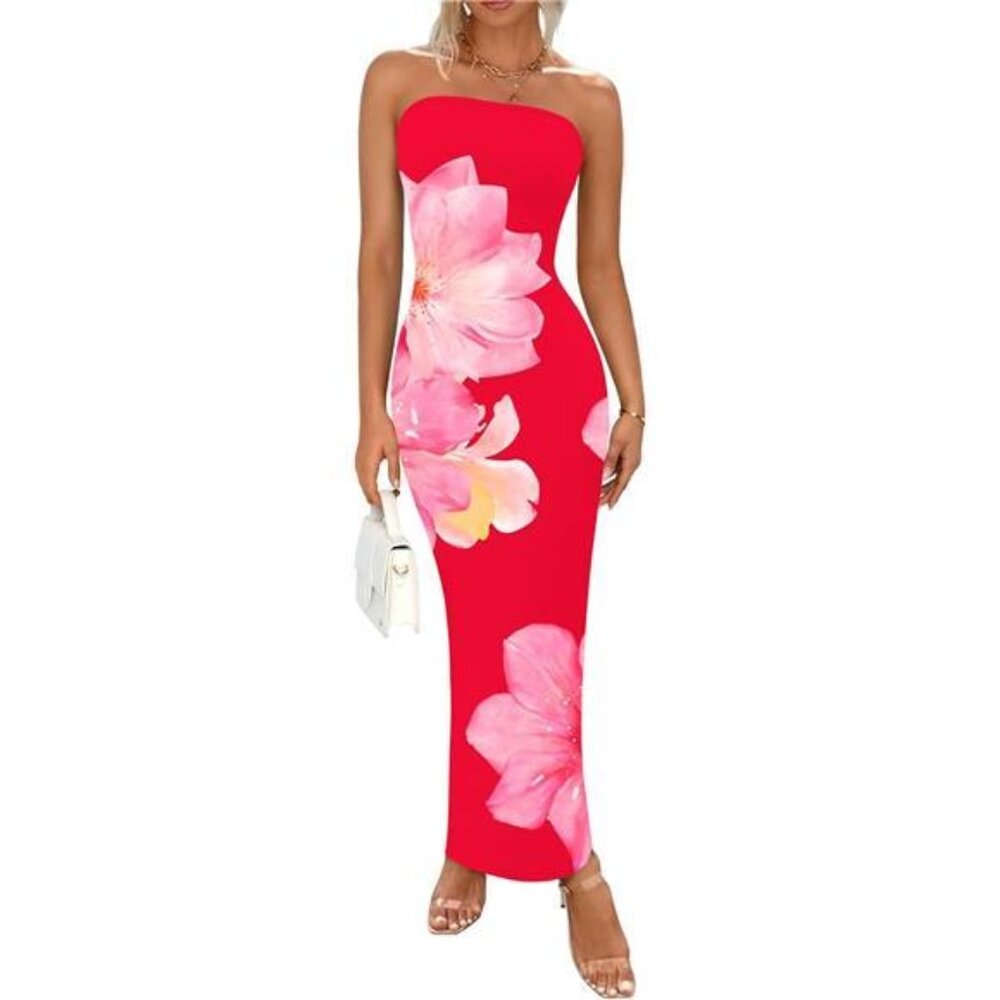 Women Summer Strapless Maxi Dress Red Pink Flower